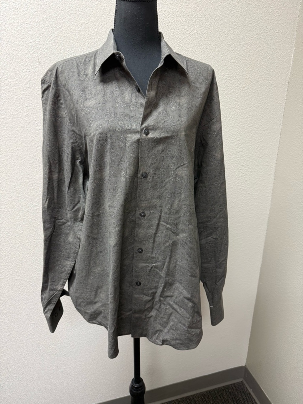 Perry Ellis Gray Paisley Button Up Shirt XL Cotton Long Sleeve Dress Top - Picture 2 of 10